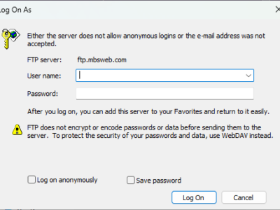 FTP credentials window